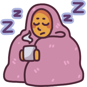 a person sitting upright, curled up in a pink blanket with a peaceful face. They are holding a white cup with steam coming off it. There are snore Z's on either side of them